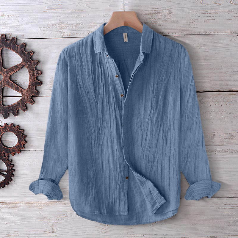 Men's Shirt Solid Color Lapel Top Short Sleeve Comfy Button Crease Cotton Linen Shirt