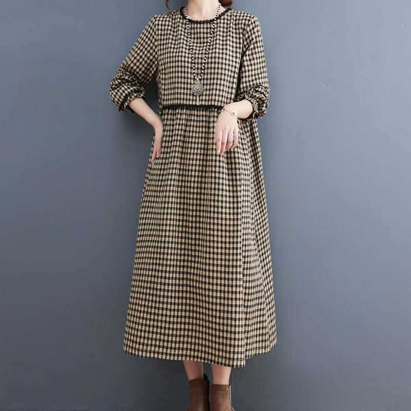 Tactile Cotton Plaid Long-Sleeve Mindful Midi Dress