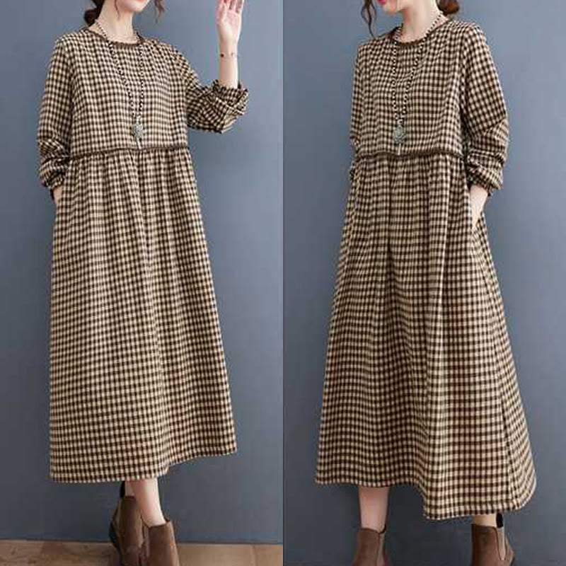 Tactile Cotton Plaid Long-Sleeve Mindful Midi Dress