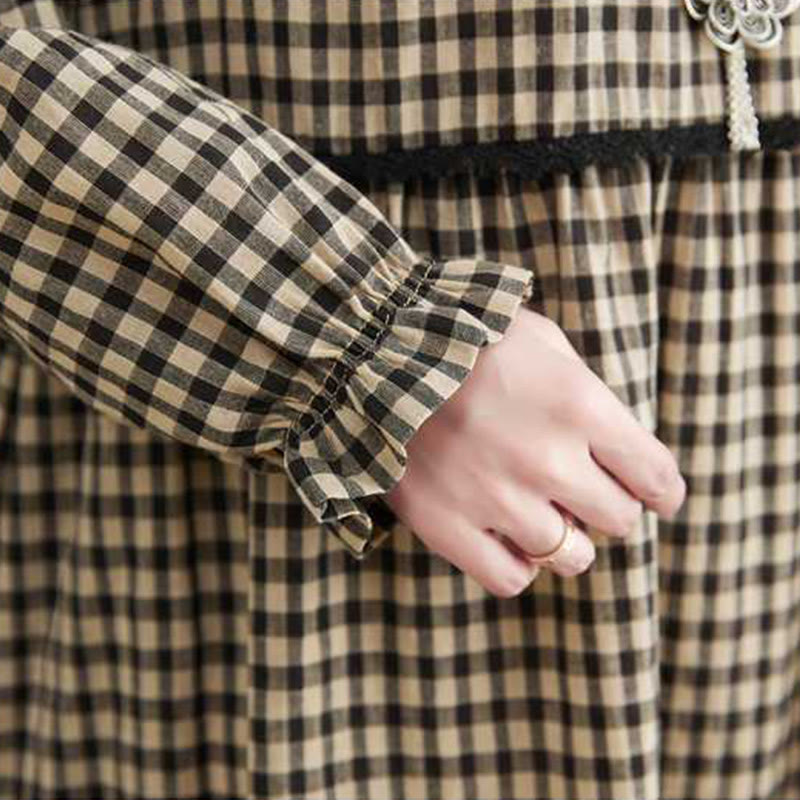 Tactile Cotton Plaid Long-Sleeve Mindful Midi Dress