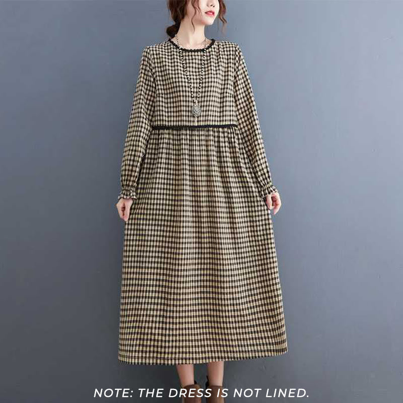 Tactile Cotton Plaid Long-Sleeve Mindful Midi Dress
