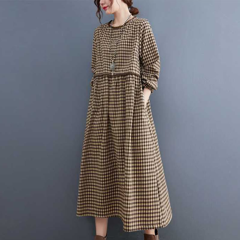 Tactile Cotton Plaid Long-Sleeve Mindful Midi Dress