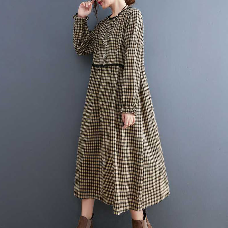 Tactile Cotton Plaid Long-Sleeve Mindful Midi Dress