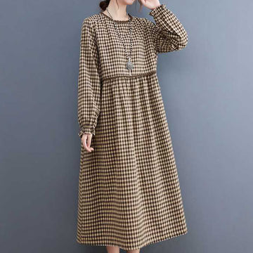 Tactile Cotton Plaid Long-Sleeve Mindful Midi Dress
