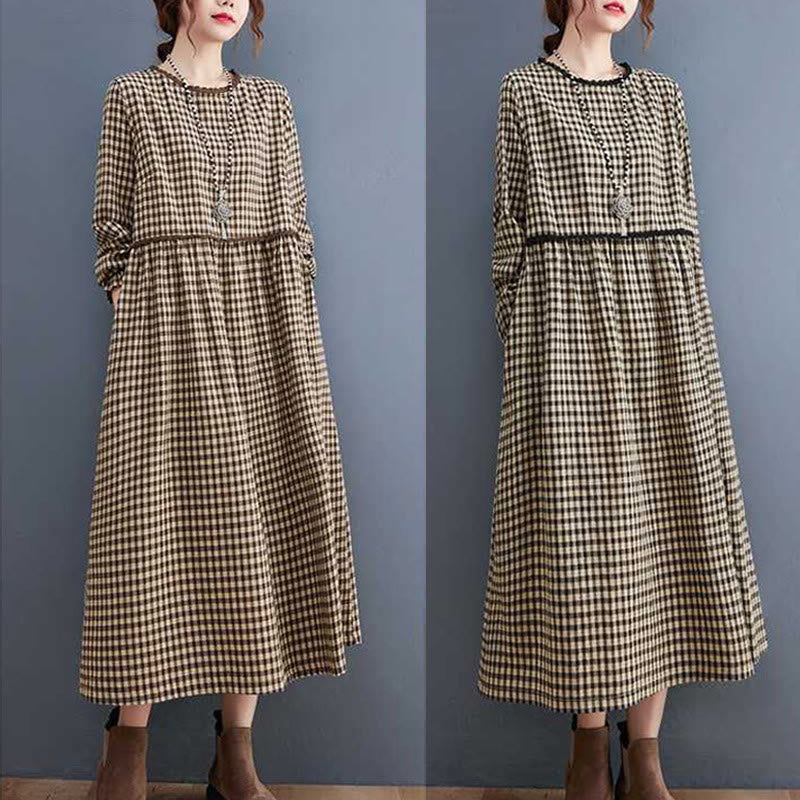 Tactile Cotton Plaid Long-Sleeve Mindful Midi Dress