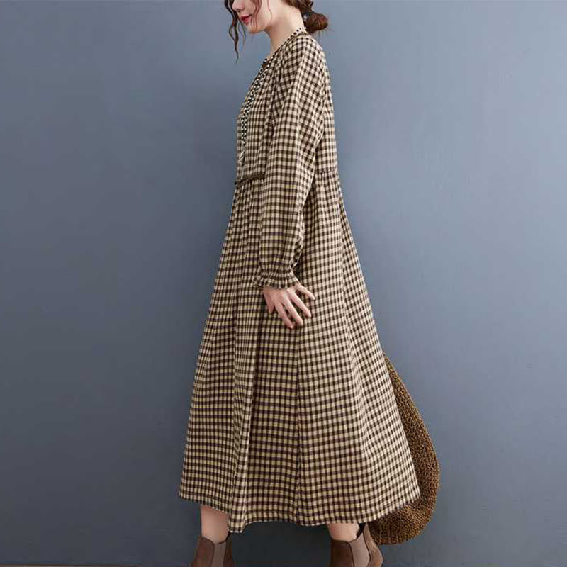Tactile Cotton Plaid Long-Sleeve Mindful Midi Dress
