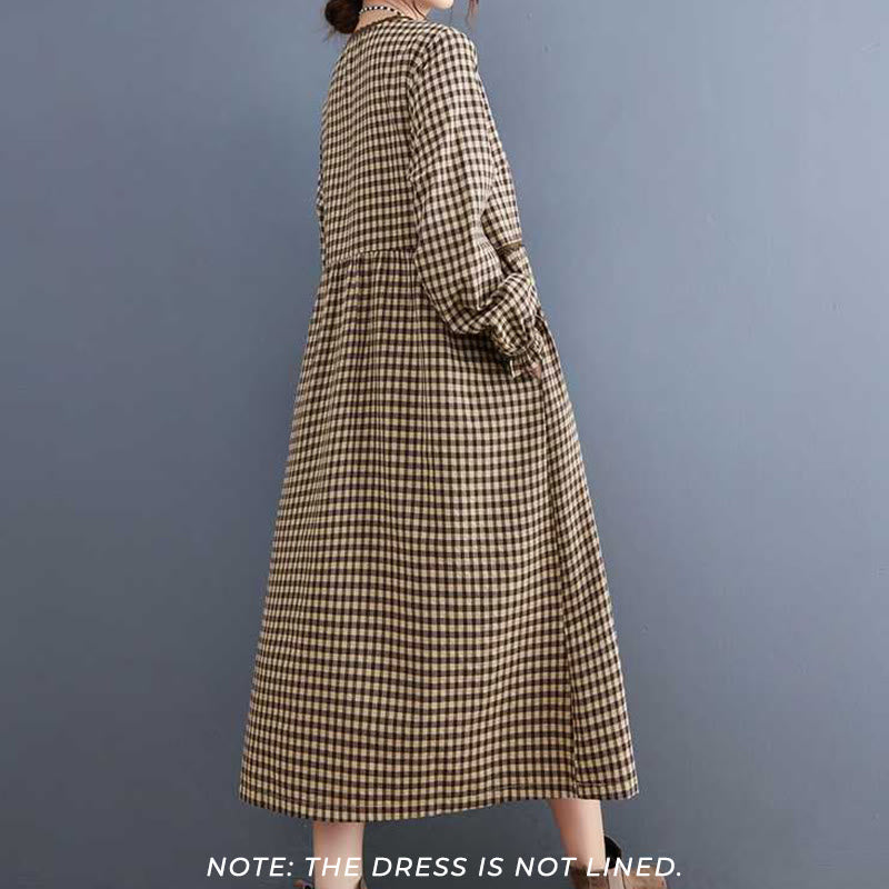 Tactile Cotton Plaid Long-Sleeve Mindful Midi Dress