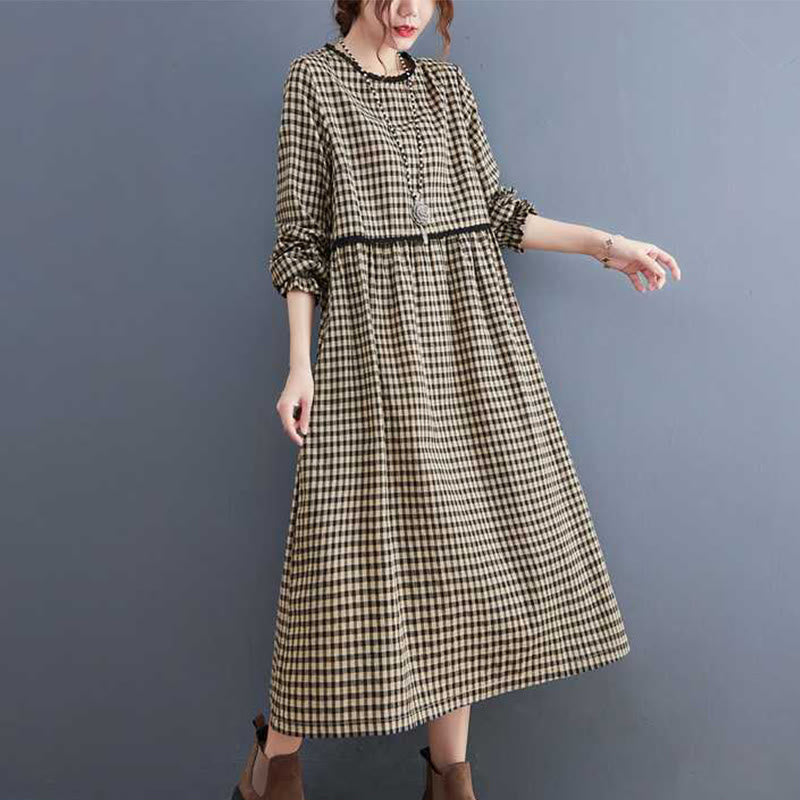 Tactile Cotton Plaid Long-Sleeve Mindful Midi Dress