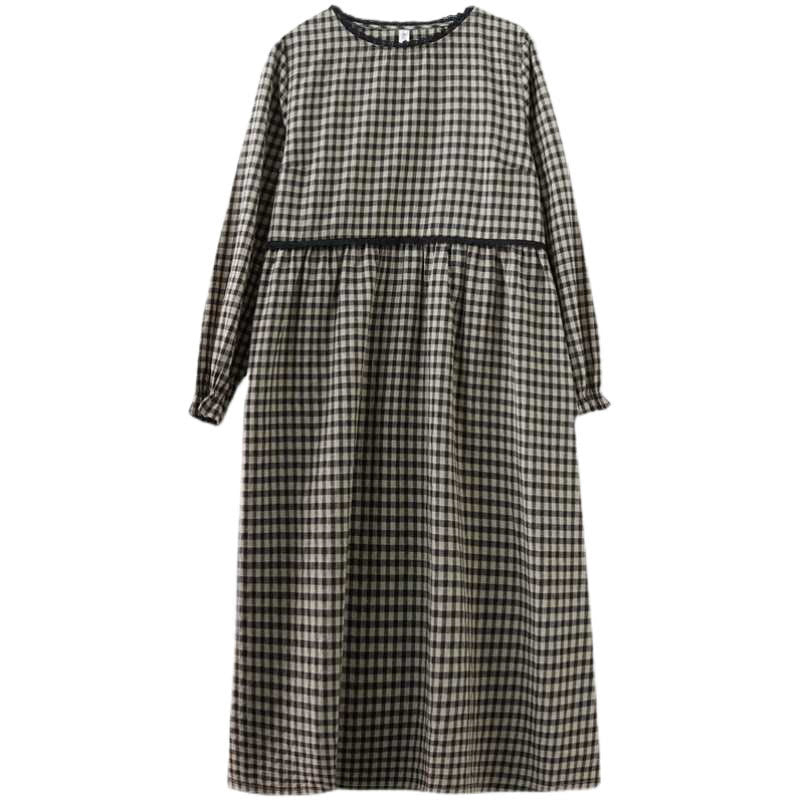 Tactile Cotton Plaid Long-Sleeve Mindful Midi Dress