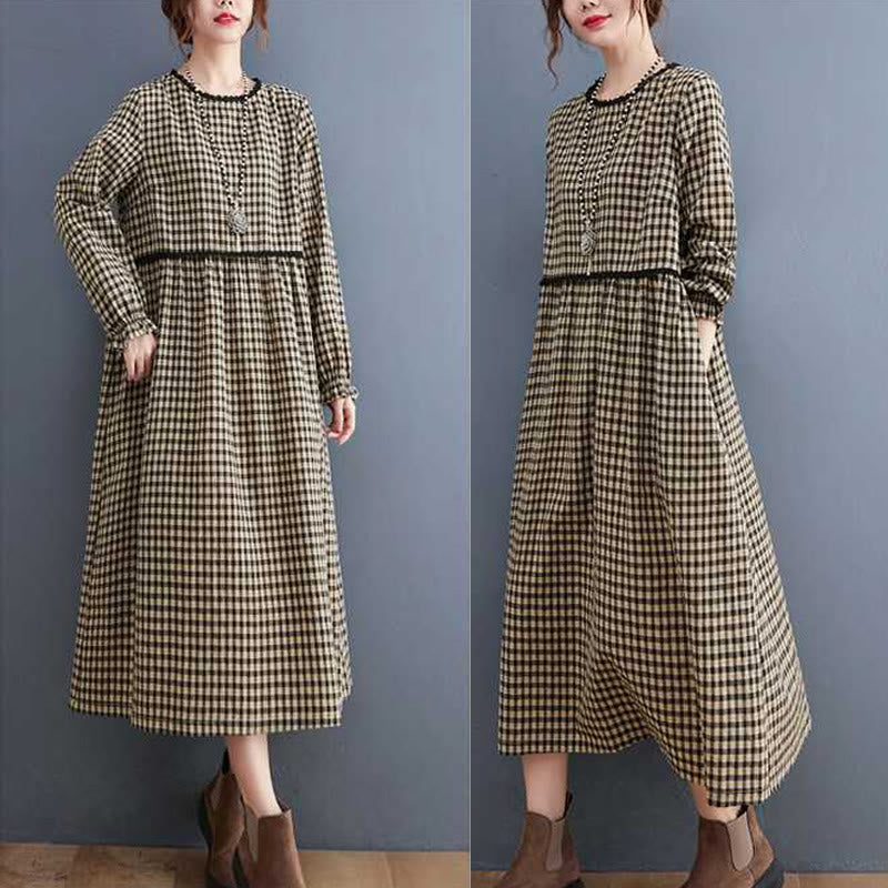 Tactile Cotton Plaid Long-Sleeve Mindful Midi Dress