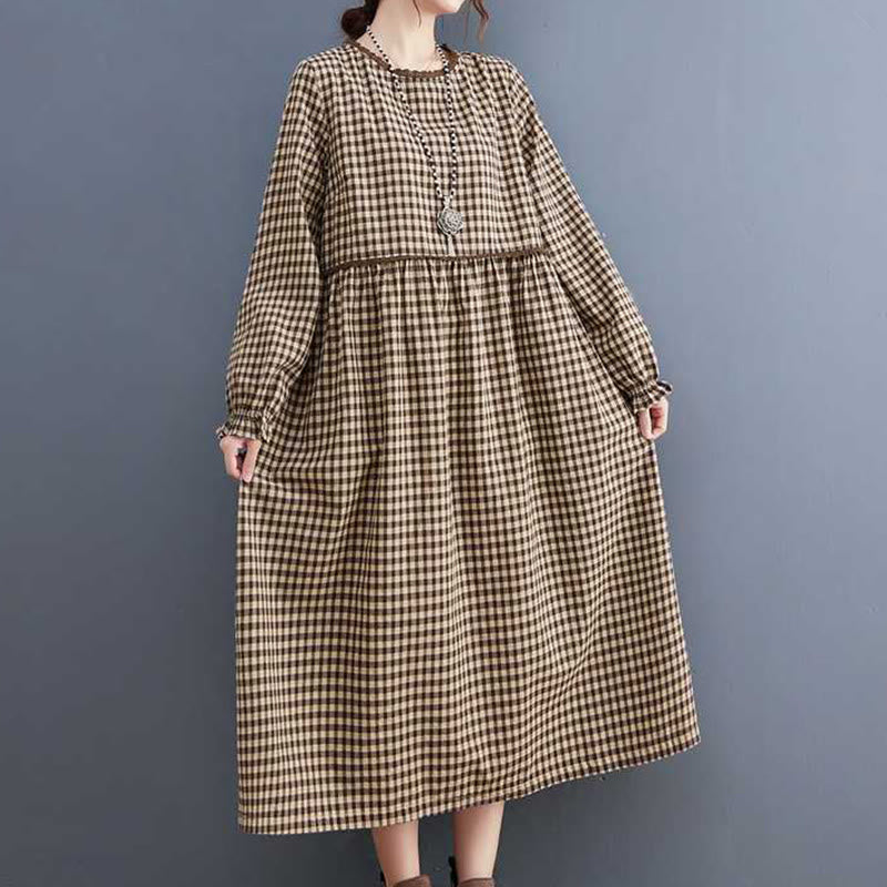 Tactile Cotton Plaid Long-Sleeve Mindful Midi Dress