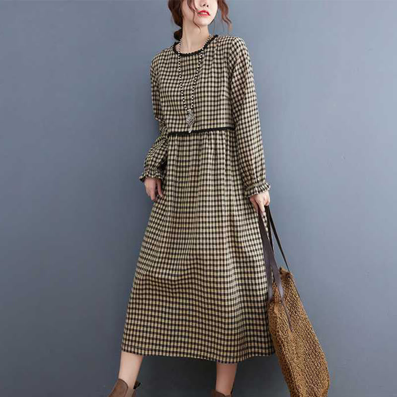 Tactile Cotton Plaid Long-Sleeve Mindful Midi Dress