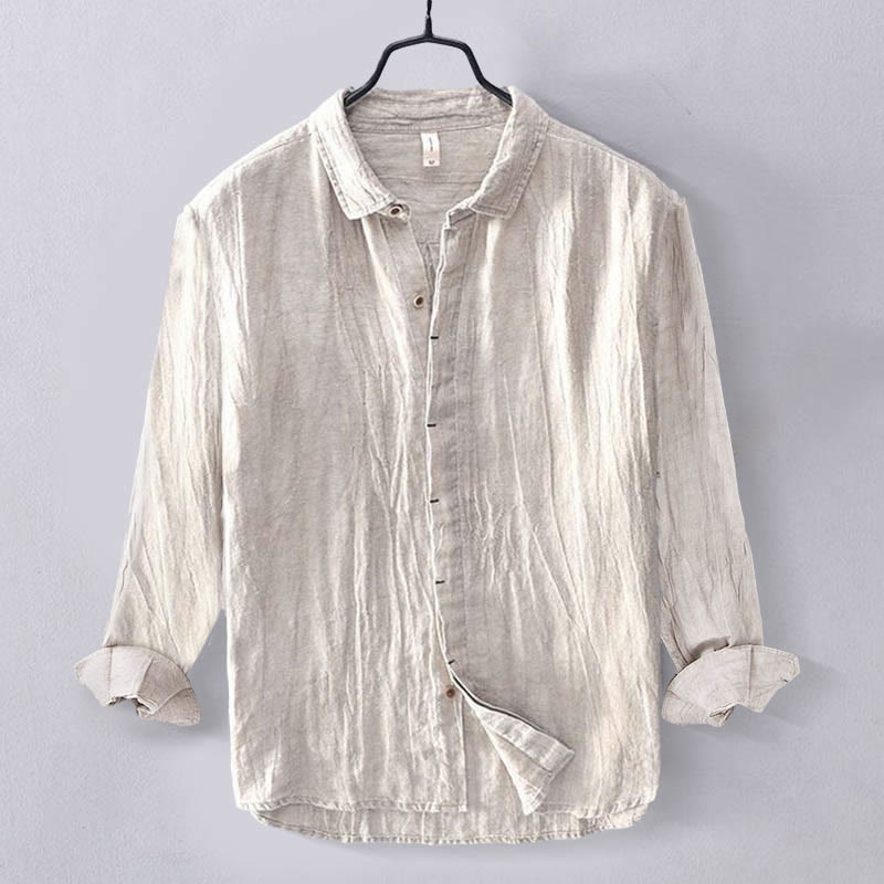 Men's Shirt Solid Color Lapel Top Long Sleeve Comfy Button Crease Cotton Linen Shirt
