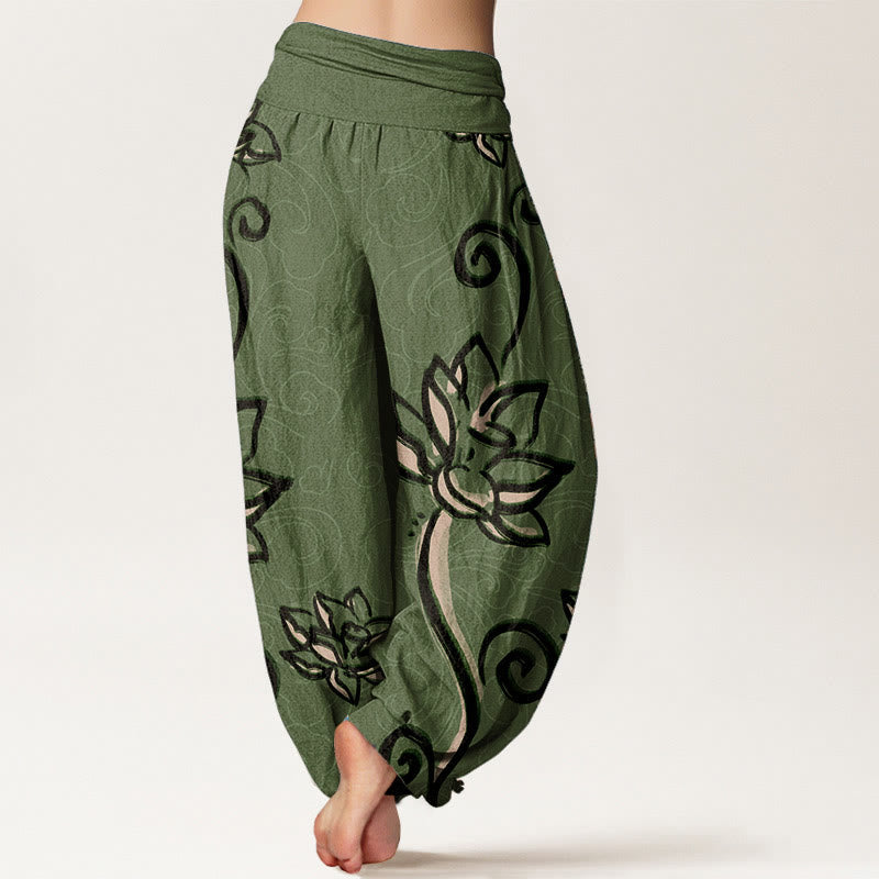 Breathable Cotton Lotus Print Grounding Harem Pants