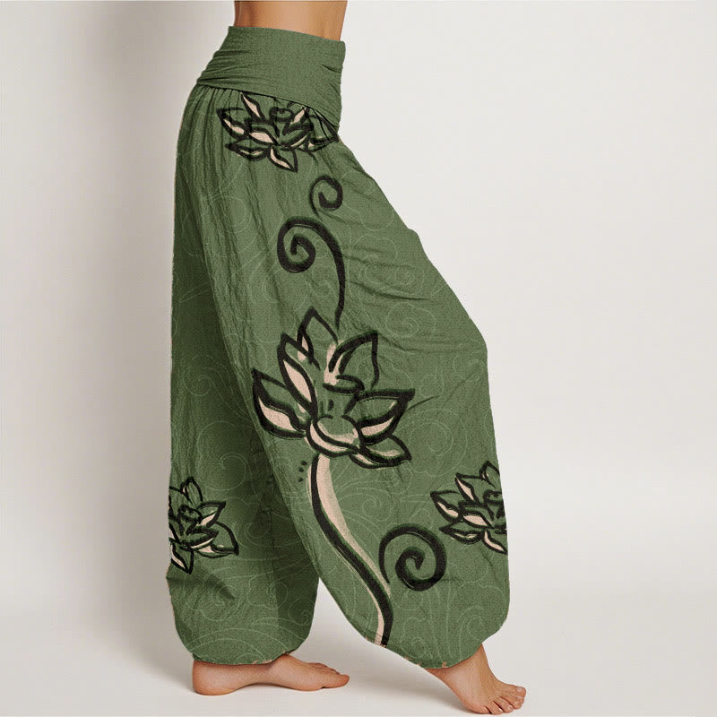 Breathable Cotton Lotus Print Grounding Harem Pants