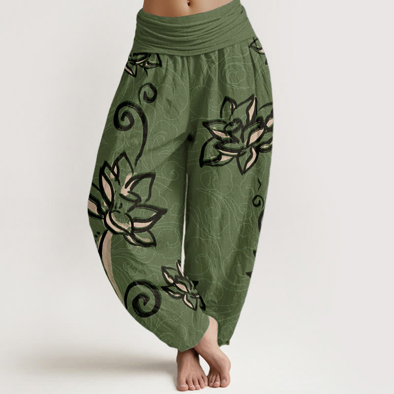 Breathable Cotton Lotus Print Grounding Harem Pants