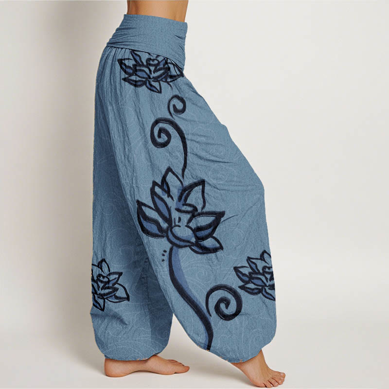 Breathable Cotton Lotus Print Grounding Harem Pants