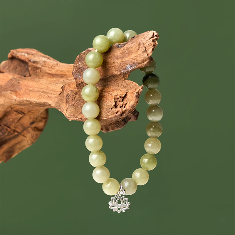 925 Sterling Silver Lotus Natural Cyan Jade Luck Bracelet