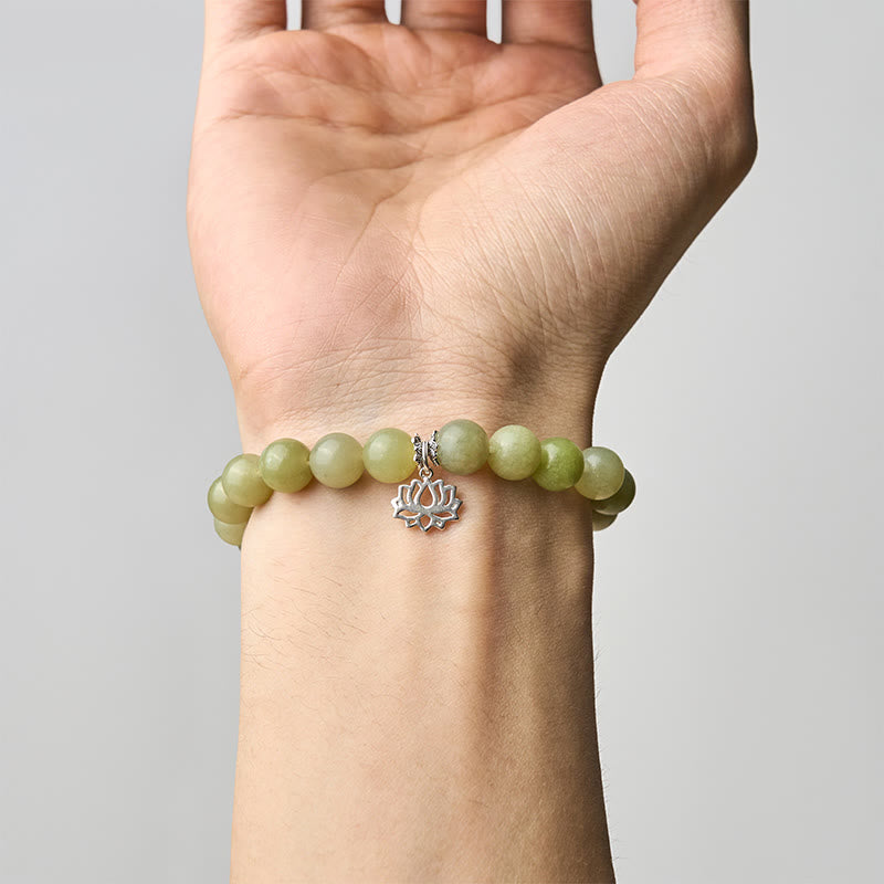 925 Sterling Silver Lotus Natural Cyan Jade Luck Bracelet
