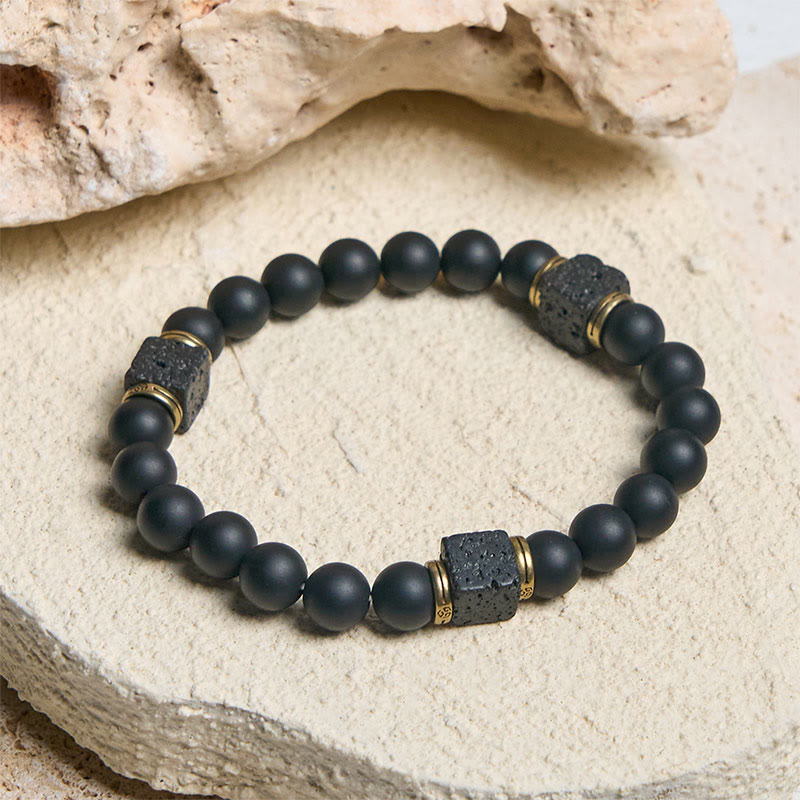 Natural Frosted Black Onyx Square Lava Rock Fortune Bracelet
