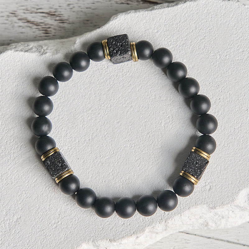 Natural Frosted Black Onyx Square Lava Rock Fortune Bracelet