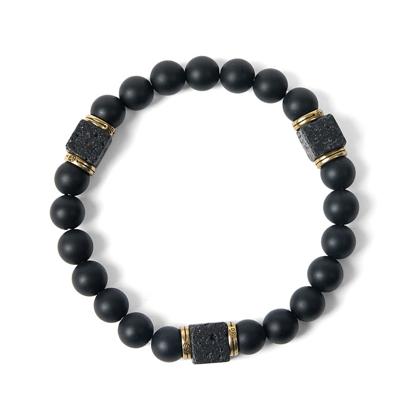 Natural Frosted Black Onyx Square Lava Rock Fortune Bracelet