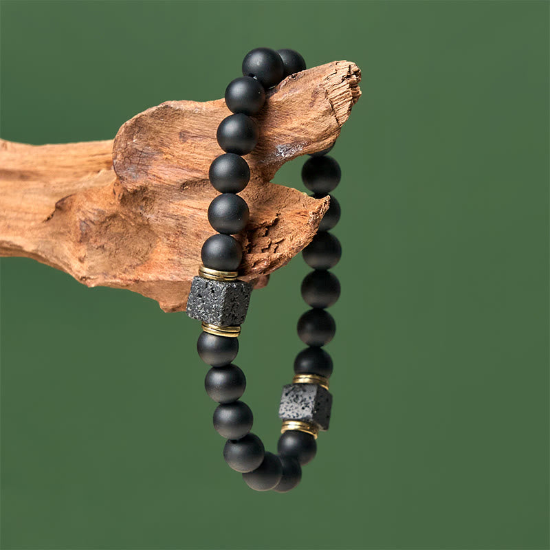 Natural Frosted Black Onyx Square Lava Rock Fortune Bracelet