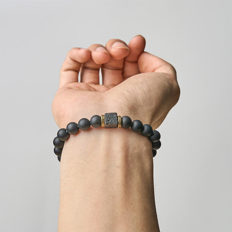 Natural Frosted Black Onyx Square Lava Rock Fortune Bracelet