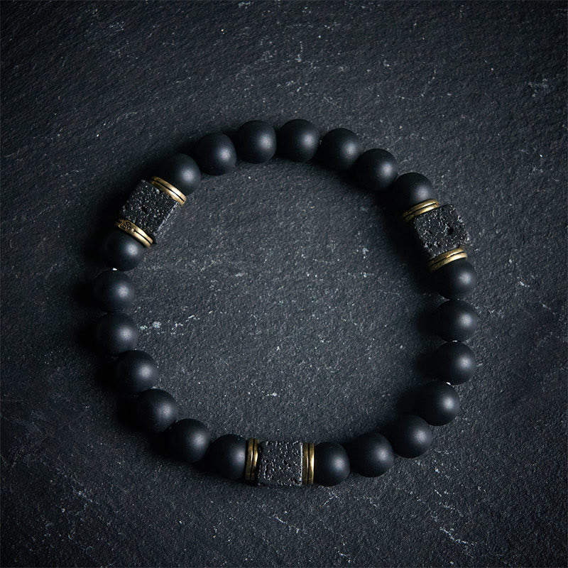 Natural Frosted Black Onyx Square Lava Rock Fortune Bracelet