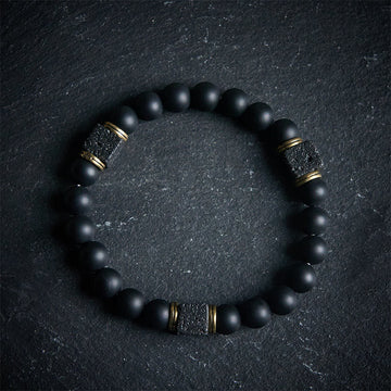 Natural Frosted Black Onyx Square Lava Rock Fortune Bracelet