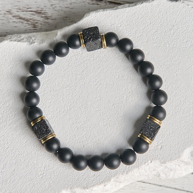 Natural Frosted Black Onyx Square Lava Rock Fortune Bracelet