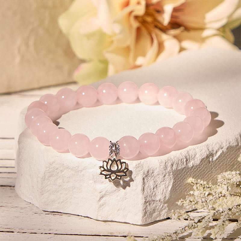 Natural Rose Quartz and 925 Sterling Silver Lotus Charm Beaded Bracelet