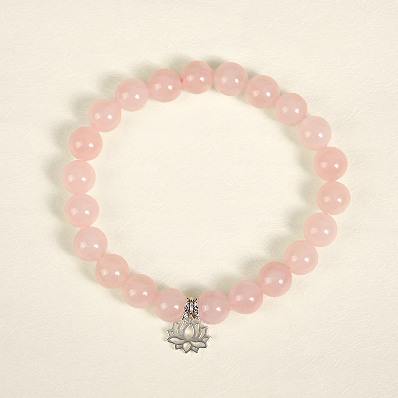 Natural Rose Quartz and 925 Sterling Silver Lotus Charm Beaded Bracelet