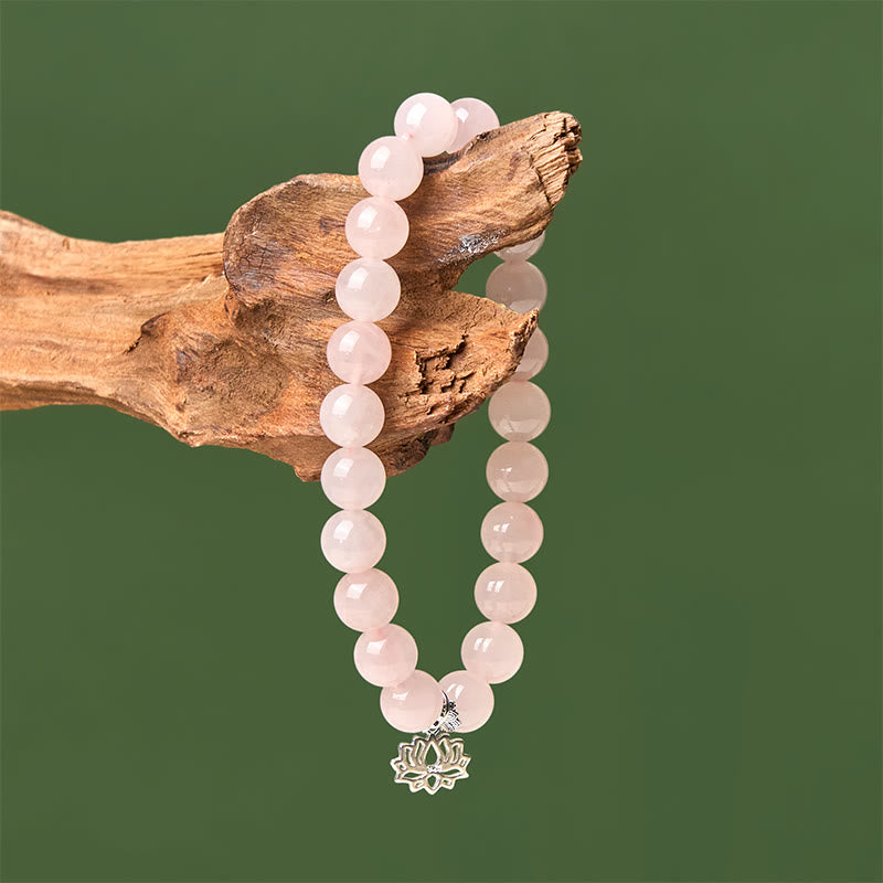 Natural Rose Quartz and 925 Sterling Silver Lotus Charm Beaded Bracelet