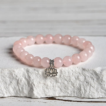 Natural Rose Quartz and 925 Sterling Silver Lotus Charm Beaded Bracelet