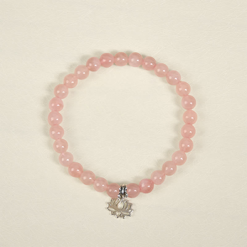 Natural Rose Quartz and 925 Sterling Silver Lotus Charm Beaded Bracelet
