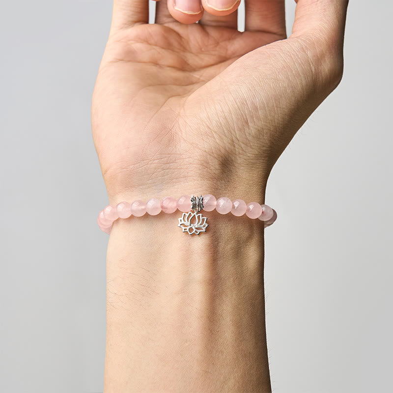 Natural Rose Quartz and 925 Sterling Silver Lotus Charm Beaded Bracelet