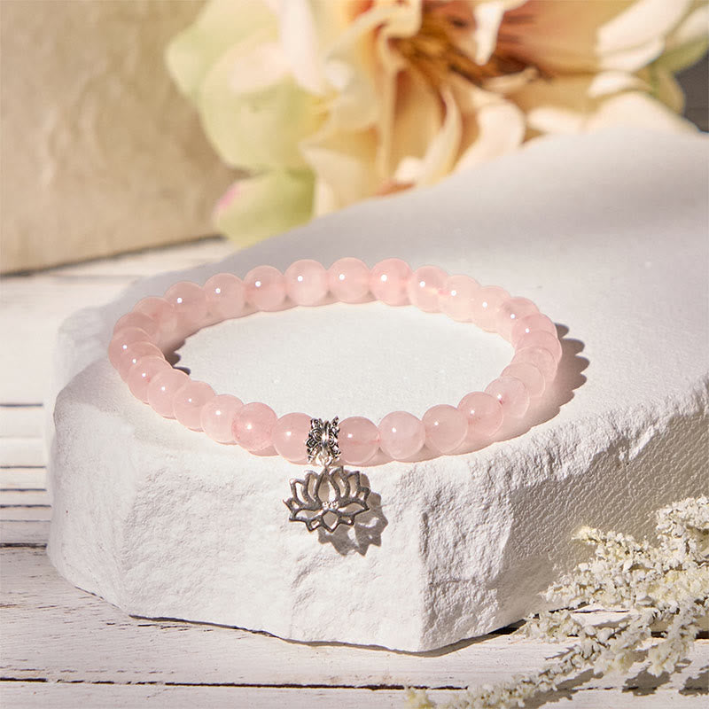 Natural Rose Quartz and 925 Sterling Silver Lotus Charm Beaded Bracelet