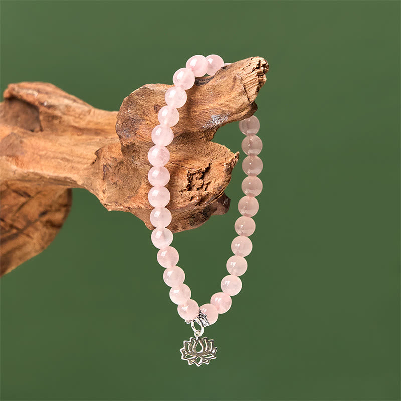 Natural Rose Quartz and 925 Sterling Silver Lotus Charm Beaded Bracelet