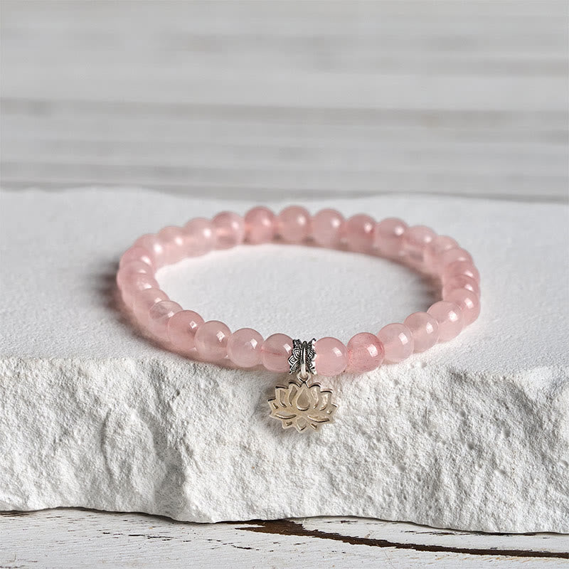 Natural Rose Quartz and 925 Sterling Silver Lotus Charm Beaded Bracelet