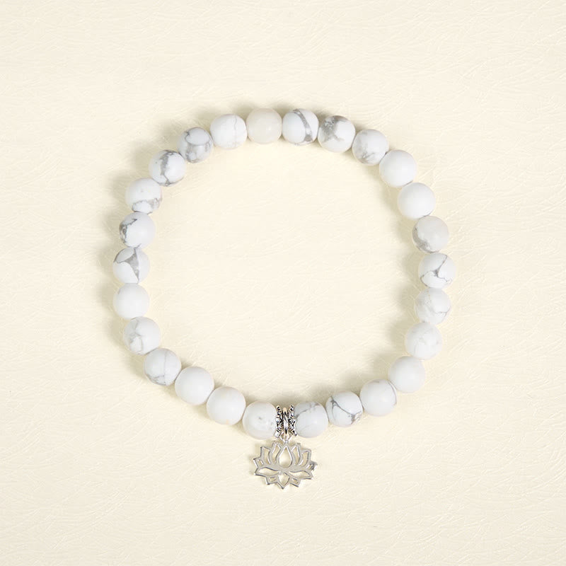 Handmade Natural White Turquoise and 925 Sterling Silver Lotus Symbol Beaded Bracelet
