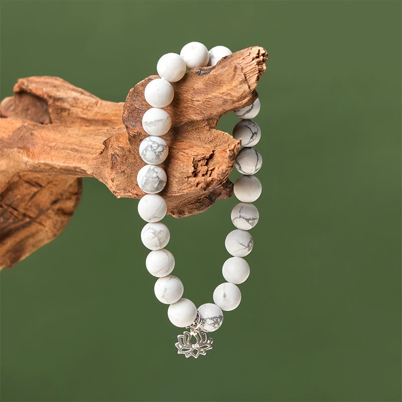 Handmade Natural White Turquoise and 925 Sterling Silver Lotus Symbol Beaded Bracelet