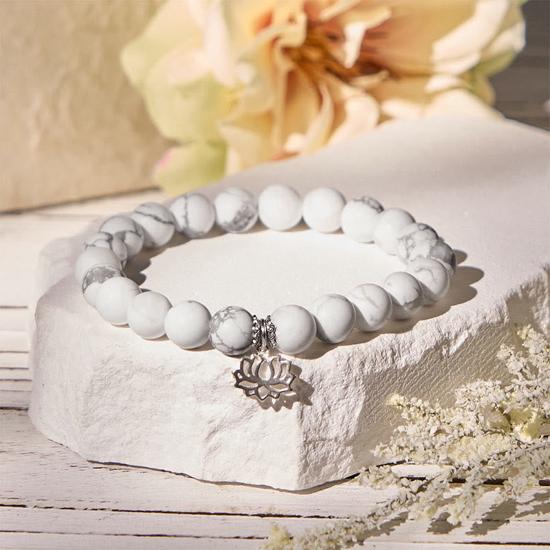Handmade Natural White Turquoise and 925 Sterling Silver Lotus Symbol Beaded Bracelet