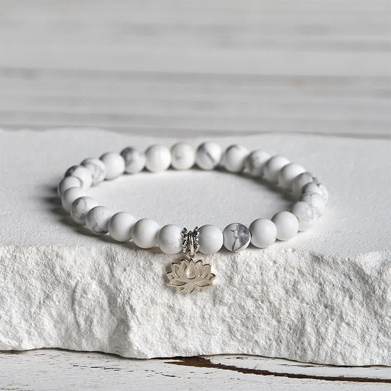 Handmade Natural White Turquoise and 925 Sterling Silver Lotus Symbol Beaded Bracelet