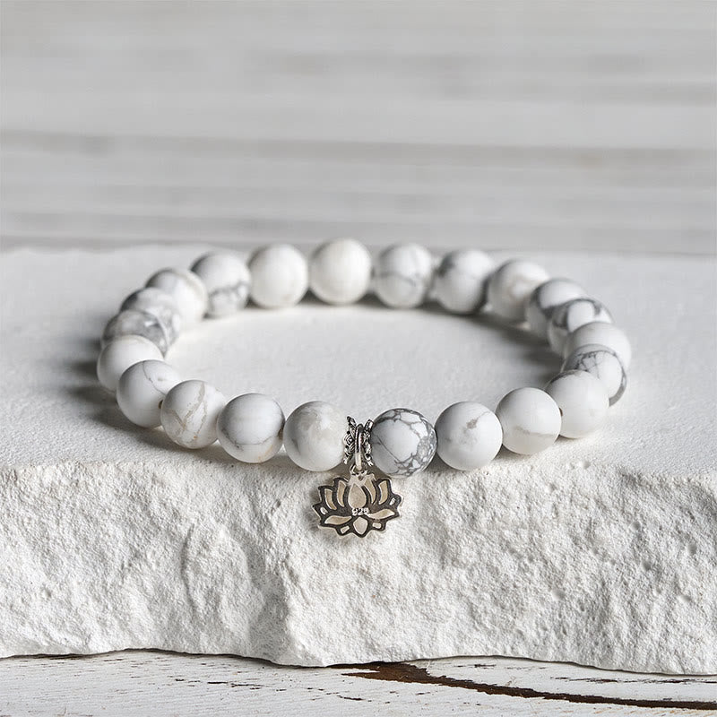 Handmade Natural White Turquoise and 925 Sterling Silver Lotus Symbol Beaded Bracelet