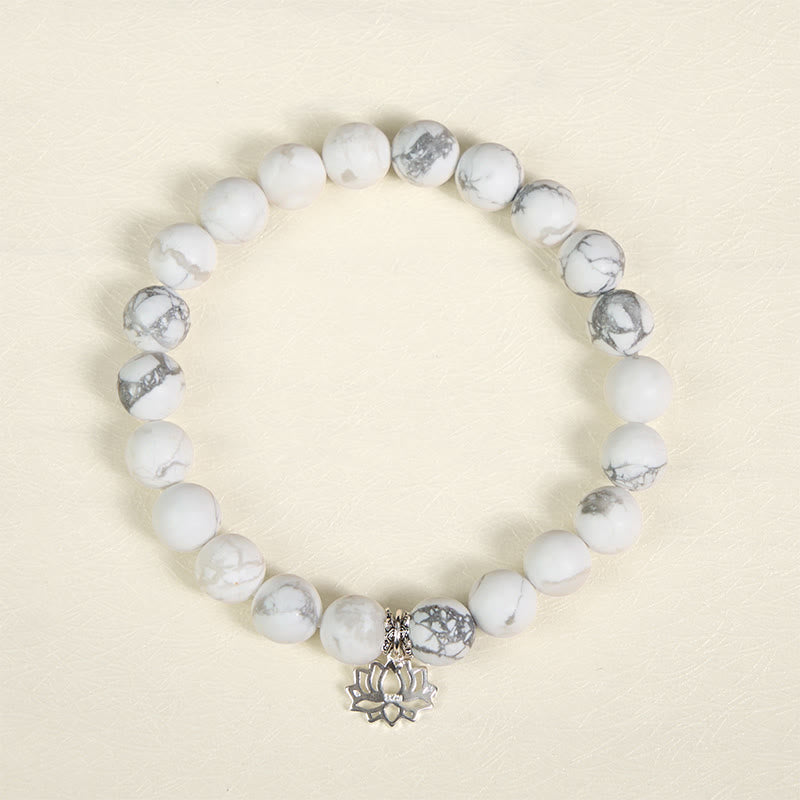Handmade Natural White Turquoise and 925 Sterling Silver Lotus Symbol Beaded Bracelet