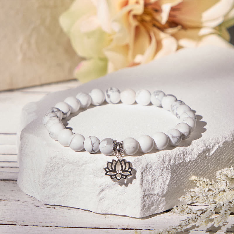 Handmade Natural White Turquoise and 925 Sterling Silver Lotus Symbol Beaded Bracelet