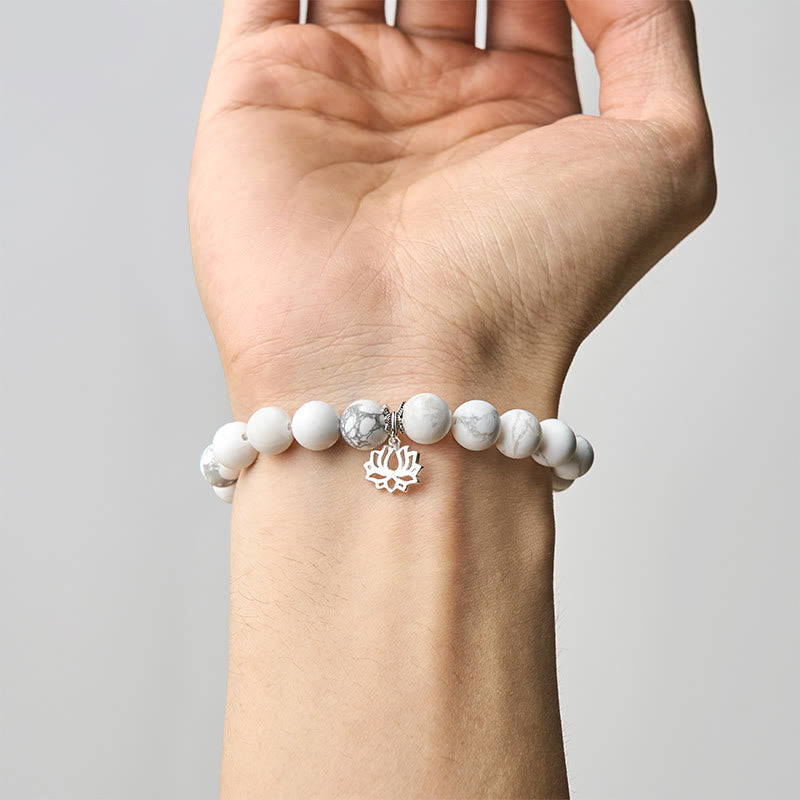 Handmade Natural White Turquoise and 925 Sterling Silver Lotus Symbol Beaded Bracelet