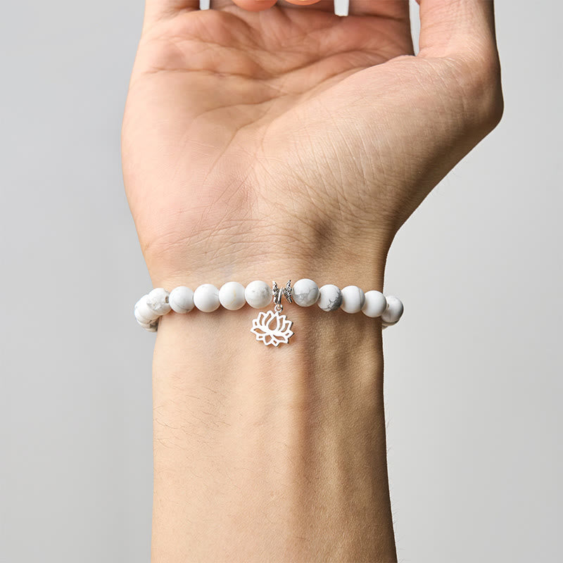 Handmade Natural White Turquoise and 925 Sterling Silver Lotus Symbol Beaded Bracelet