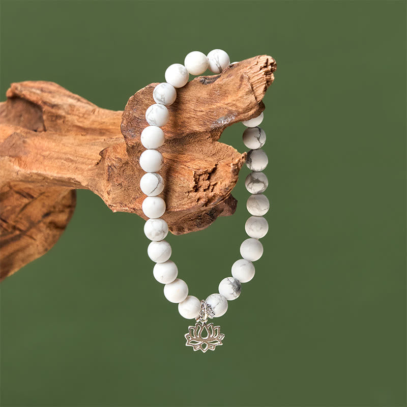 Handmade Natural White Turquoise and 925 Sterling Silver Lotus Symbol Beaded Bracelet